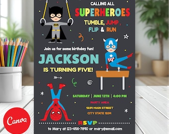 Editable Superhero Gymnastics Invitation, Gymnastics Superheroes Party, Chalkboard, Canva template, INSTANT DOWNLOAD
