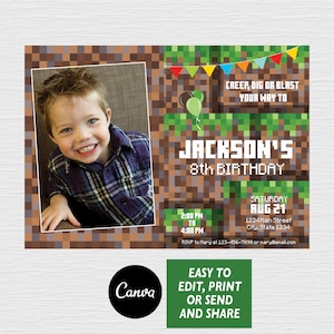 EDITABLE, Video Game Birthday Invitation, Pixelated Invitation, Canva template, Photo Invitation, INSTANT DOWNLOAD, Digital printable