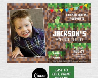 EDITABLE, Video Game Birthday Invitation, Pixelated Invitation, Canva template, Photo Invitation, INSTANT DOWNLOAD, Digital printable