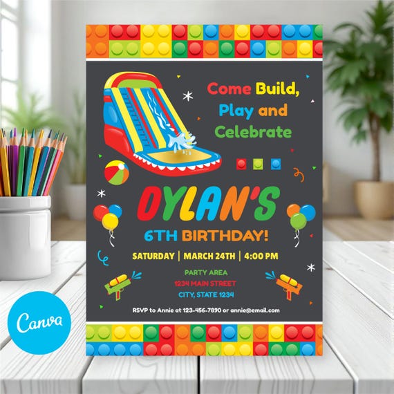 EDITABLE, Building Blocks Waterslide Invitation, Building blocks Waterslide party, Waterslide Invitation, Canva template, INSTANT DOWNLOAD