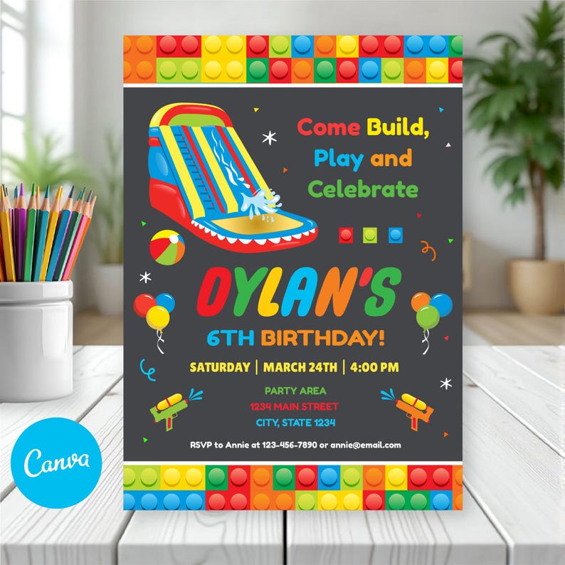 May include: A birthday party invitation with a colorful design. The invitation features a bouncy house illustration, balloons, and the text "Come Build, Play and Celebrate". It includes the name "Dylan's" and party details.