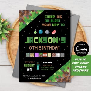 EDITABLE, Video Game Birthday Invitation, Pixelated Invitation, Canva template, INSTANT DOWNLOAD, Digital printable