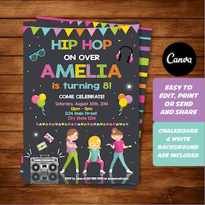 Selbst bearbeitbar, Hip Hop Geburtstagseinladung, Mädchen Hip Hop Einladung, Tanzparty, Tanz Geburtstag, Canva Vorlage, INSTANT DOWNLOAD