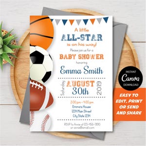 Editable All- Star Baby shower invitation, All Star invite, Sports Invitation, Sports baby shower, Canva template, INSTANT DOWNLOAD
