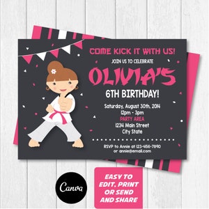 MODIFICABILE, invito di karate per ragazze, invito di taekwondo, festa di taekwondo, lavagna, modello Canva, DOWNLOAD IMMEDIATO