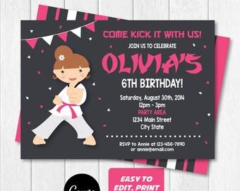 EDITABLE, Girls Karate Invitation, Taekwondo invitation, Taekwondo party, Chalkboard, Canva template, NSTANT DOWNLOAD