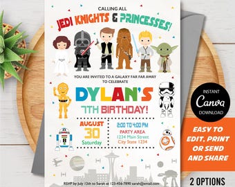 Self Editable, Star Wars Birthday Invitation, Star Wars Party, Canva Template, INSTANT DOWNLOAD