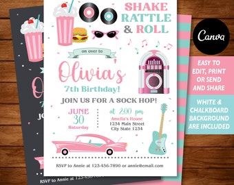 EDITABLE, Fifties Birthday Invitation, 50's Birthday invite, Rock N Roll Party, Canva Template, INSTANT DOWNLOAD