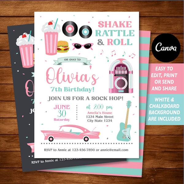 EDITABLE, Fifties Birthday Invitation, 50's Birthday invite, Rock N Roll Party, Canva Template, INSTANT DOWNLOAD