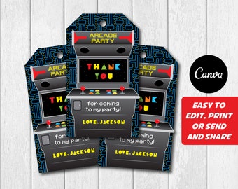 Self Editable, Arcade Favor Tags, Arcade Party, Video Thank you Tags, Arcade Birthday, Canva Template, INSTANT DOWNLOAD