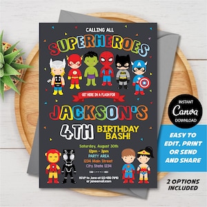 Editable, Superheroes Birthday Invitation, Superhero Invitation, Superhero Party, Canva template, INSTANT DOWNLOAD