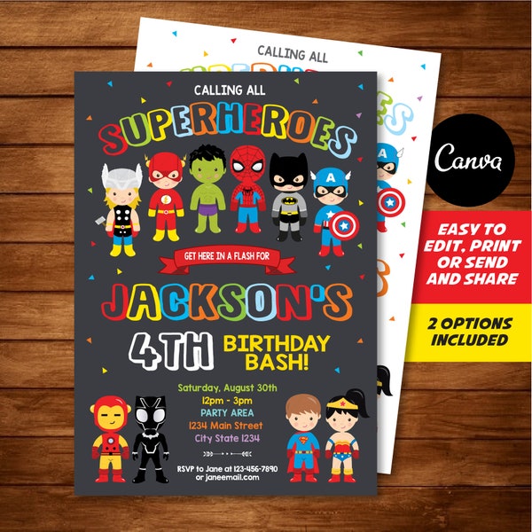 Self Editable, Superheroes Birthday Invitation, Superhero Invitation, Superhero Party, Canva template, INSTANT DOWNLOAD