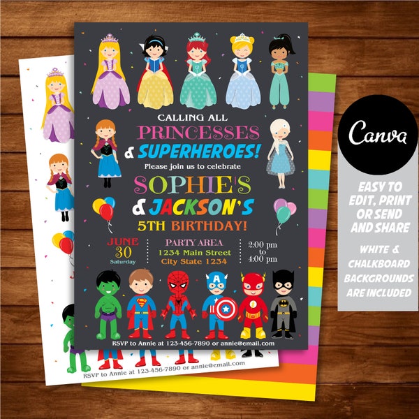 Editable, Princesses and Superheroes Birthday Invitation, Princess and Superhero Party, Twins Birthday, Canva Template, INSTANT DOWNLOAD