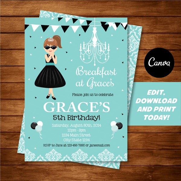 Self Editable, Breakfast at Tiffany's Invitation, Breakfast at Tiffany's Invite, Canva template, INSTANT DOWNLOAD