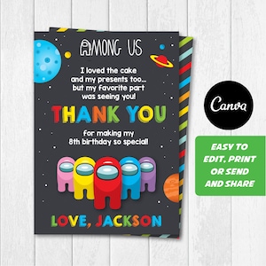 EDITABLE, Kids Birthday Thank You Card, Gaming party, Gaming Thank you Note, Canva template, Chalkboard, INSTANT DOWNLOAD