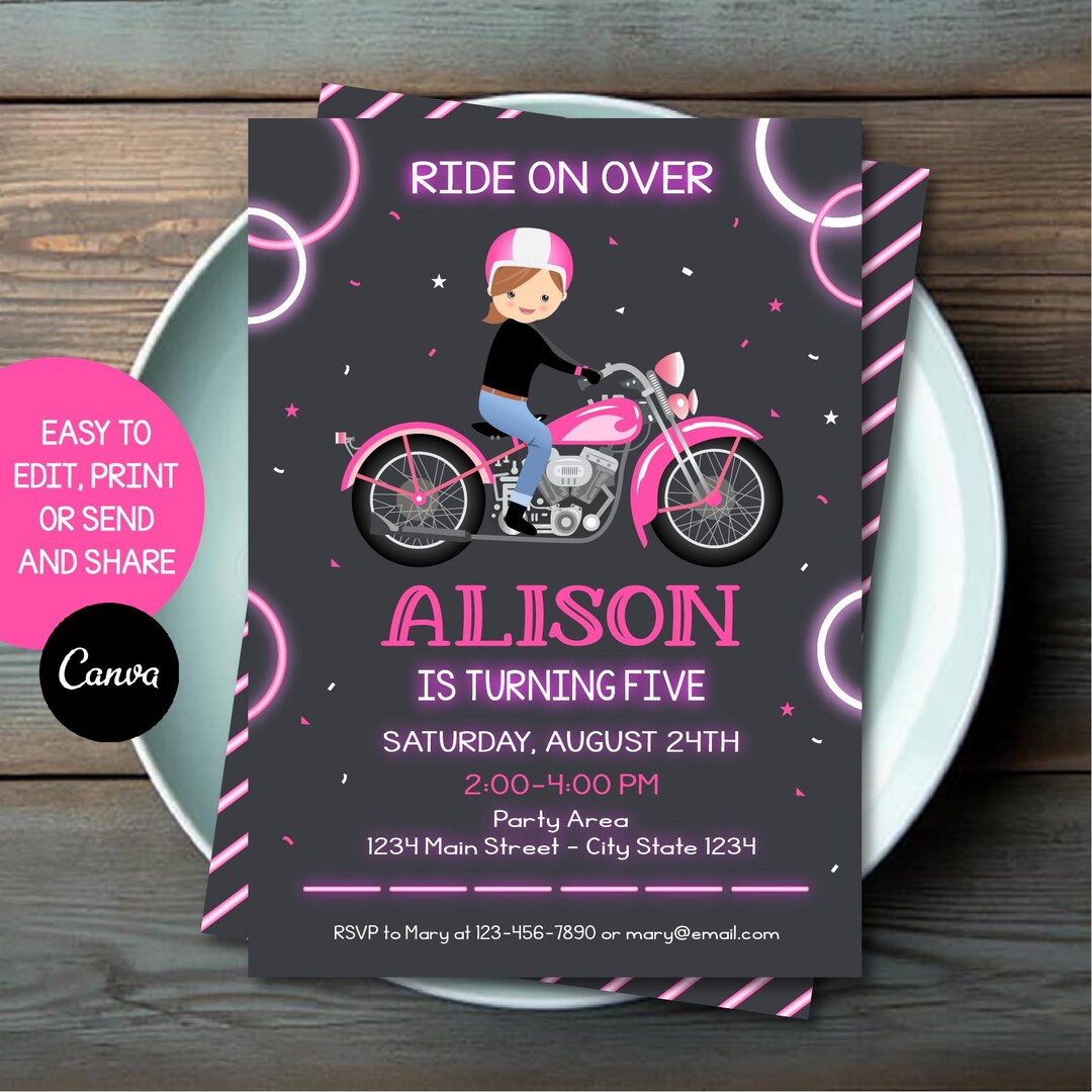 Editable Motorcycle Birthday Invitation, Motorcycle Invitation Girl ...