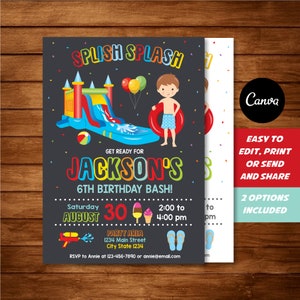 EDITABLE, Boys Water Slide Invitation, Waterslide Invitation, Boys Waterslide Birthday, Canva template, Chalkboard - INSTANT DOWNLOAD