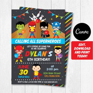 Editable, Superheroes Bowling Birthday Invitation, Superhero Invitation, Bowling Invitation, Chalkboard, Canva Template, INSTANT DOWNLOAD