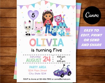Editable, Gabby's Kids Birthday invitation, Gabby's party, Canva template, INSTANT DOWNLOAD