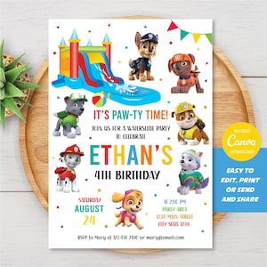 May include: A colorful birthday party invitation featuring cartoon characters. The invitation includes the text "IT'S PAW-TY TIME!" and "ETHAN'S 4TH BIRTHDAY". It also has a waterslide and the date, August 24.