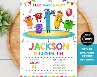 EDITABLE Numberblocks Trampoline Invitation, Number blocks Trampoline Party, Canva template, INSTANT DOWNLOAD
