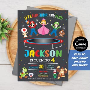 EDITABLE, Video Game Invitation, Trampoline Birthday Invitation, Canva template, Chalkboard, INSTANT DOWNLOAD