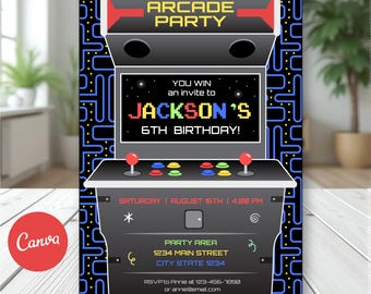 Editable, Arcade birthday invitation, Arcade Party, Canva template, Video Game invitation, INSTANT DOWNLOAD, Printable Invitation