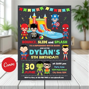EDITABLE, Superheroes Water Slide Birthday Invitation, Superheroes Party, Superhero Waterslide invitation, Canva template, INSTANT DOWNLOAD