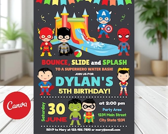 EDITABLE, Superheroes Water Slide Birthday Invitation, Superheroes Party, Superhero Waterslide invitation, Canva template, INSTANT DOWNLOAD