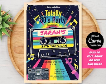 Invitación editable de los ochenta, fiesta de cumpleaños de los ochenta, invitación de Canva de los ochenta, invitación de los años 80, cumpleaños de los 80, descarga instantánea