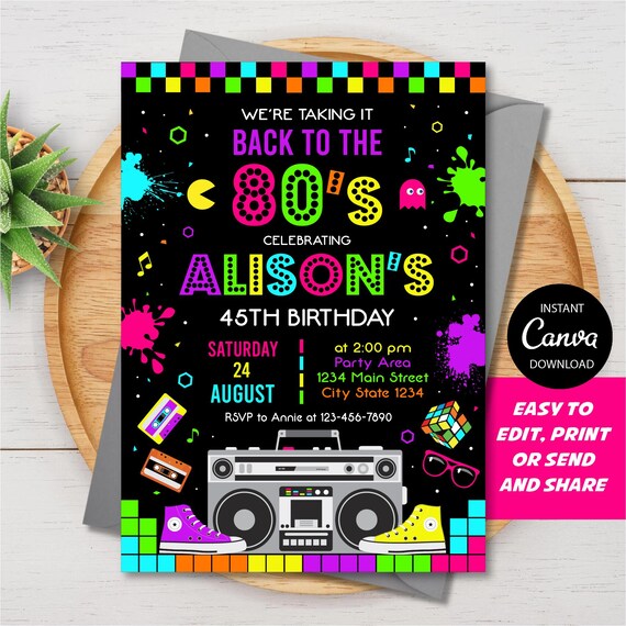Editable, Eighties Invitation, Eighties Birthday Party, Canva Eighties Invite, 80s Invitation, 80's Birthday, INSTANT DOWNLOAD