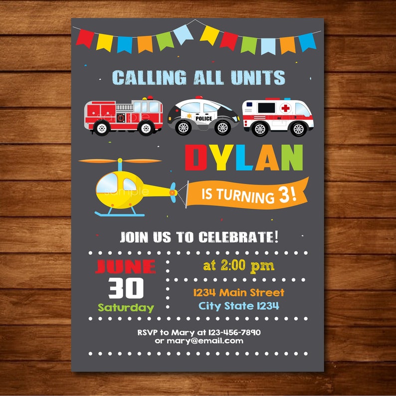 First Responders Birthday Invitation Emergency Vehicles Etsy