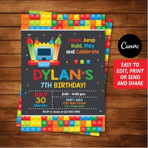 May include: A colorful birthday invitation with a cartoon bouncy house and the text "Come Jump Build, Play and Celebrate Dylan's 7th Birthday!"  The invitation has a July 30th date and a time of 2:00-4:00 pm.  The party address is 1234 Main Street, City State 1234.  RSVP to Annie at 123-456-7890.
