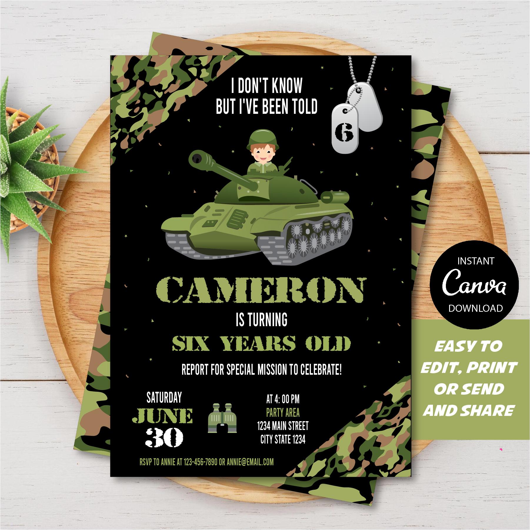 EDITABLE, Army Birthday Invitation, Military Birthday Invitation, Tank ...