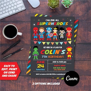 Self Editable, Superheroes Birthday Invitation, Superhero Invitation, Superhero Party, Canva template, INSTANT DOWNLOAD