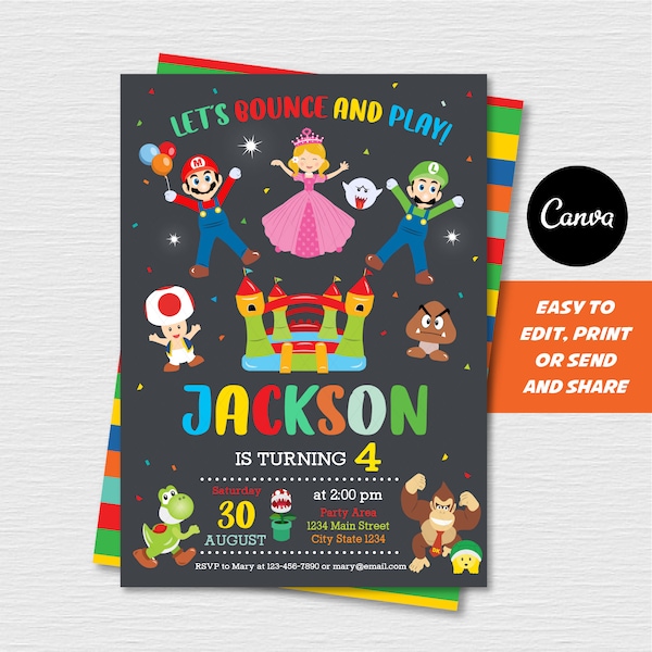 EDITABLE, Video Game Invitation, Bounce House Birthday Invitation, Canva template, Chalkboard, INSTANT DOWNLOAD