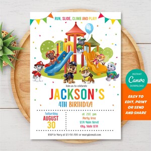May include: A vibrant birthday party invitation with a playground design and cartoon characters. The invitation includes the text "Run, Slide, Climb and Play!" and "Jackson's 4th Birthday!" with event details.