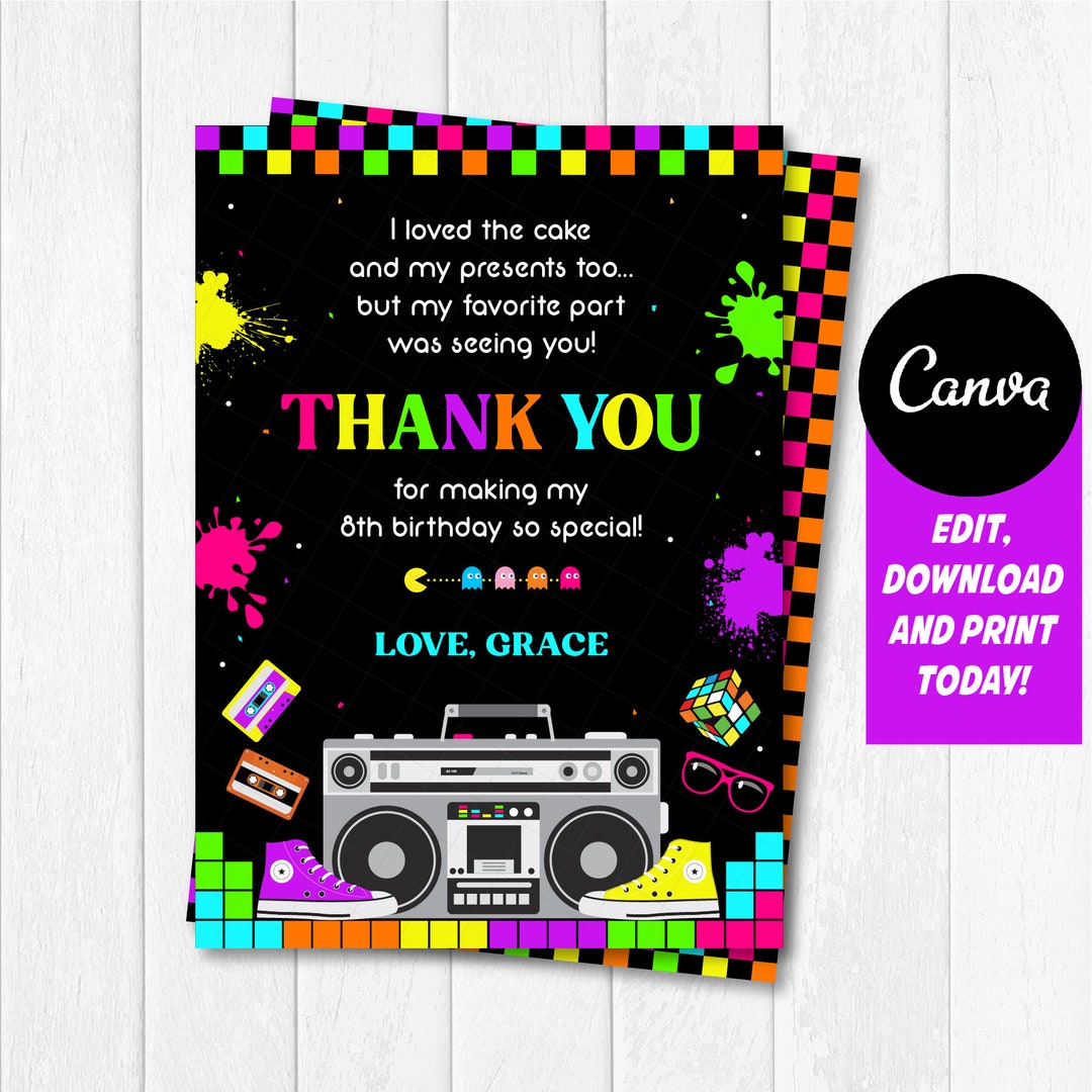 Self Editable, Eighties Thank You Card, Eighties Birthday Party, 80s