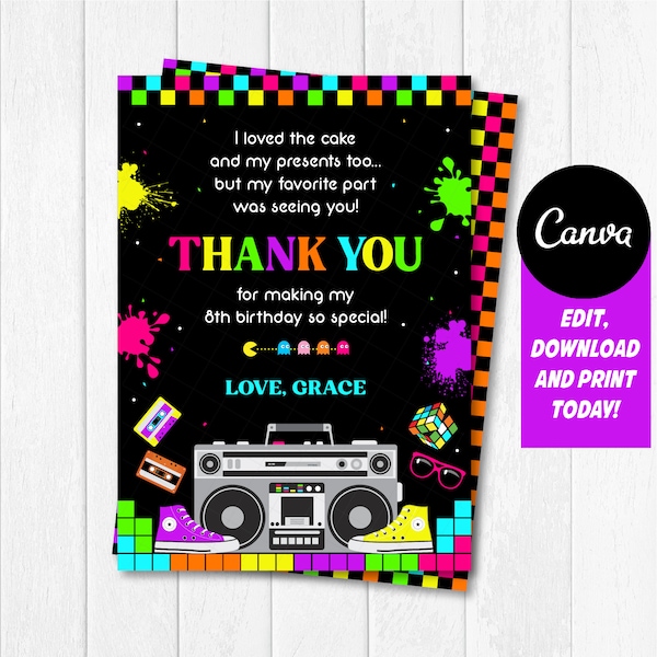Self Editable, Eighties Thank you card, Eighties Birthday Party, 80s Thank you Note, 80's Birthday, Canva Template, INSTANT DOWNLOAD