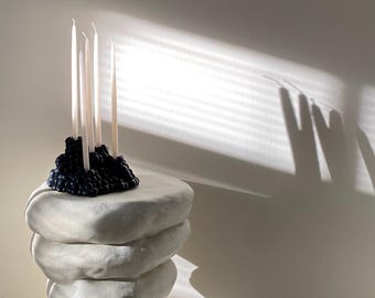 Black Ceramic Candlestick | Hand built ceramic candle holder | Sculptural ceramic candle holder