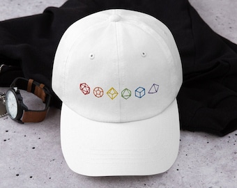 Rainbow Flag Polyhedral Dungeons and Dragons Dice Cap - Unisex, D20, DnD, Roleplaying, Tabletop Gaming, DnD Hat, LGBTQIA+, Pride