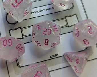 Pink and White Shimmer Style 7 Piece Polyhedral Dice Set RPG, D&D, Dungeons and Dragons, Roleplaying, Pathfinder, Set of 7