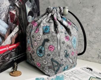 Grey, Pink & Blue Weapon and Equipment 2 Sizes Dice Bag - For Dungeons and Dragons, Tabletop Games, RPG, DnD, Pathfinder, Tokens, Meeples