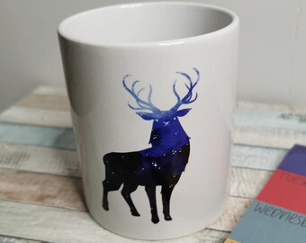Blue Watercolour Stag Design Mug, Ceramic Mug, Wildlife Mug, Watercolour Animal, Druid, DnD Gift, Kitchenware, Wildlife Art Mug, Galaxy Mug