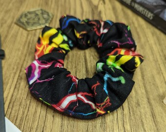 Rainbow Scrunchie for Dungeons and Dragons, Dice, D20, Polyhedral Dice, Retro 90s Scrunchie, 90s Fashion, Cute, RPG, DnD, D&D, Pathfinder