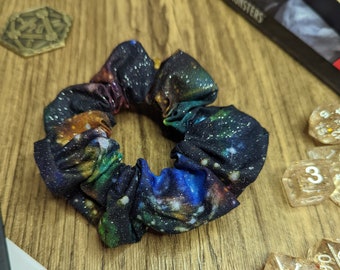 Bright Glitter Galaxy Scrunchie for Dungeons and Dragons, D20, Polyhedral Dice, Retro 90s Scrunchie, 90s Fashion, Cute, RPG, DnD, D&D