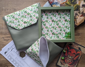 Green Small Dragons Dice Tray Bundle - Dungeons and Dragons, Pleather, Cork, Dice Bag Bundle, Roleplaying Tabletop Games, Dungeon Master