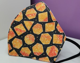 Orange and Black Dice Face Mask/Covering Dungeons & Dragons, Reusable Mask, Nose Wire, Nerdy, DnD Face Mask, Gamer, RPG, Tabletop Gaming