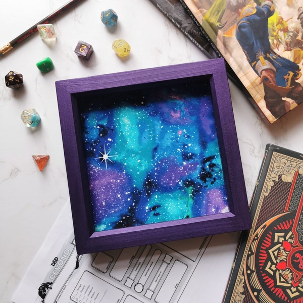 Bright Galaxy Dice Tray for Tabletop Gaming, Dungeons and Dragons, DnD, Pathfinders, Roleplaying Games, Gift, Wooden Dice Tray