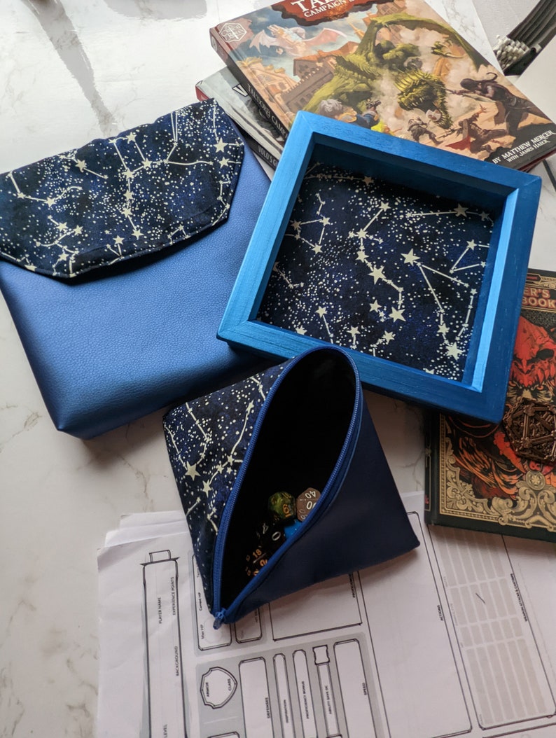 Glow in the Dark Constellations Bundle Dice Tray, Dungeons and Dragons, Pleather, Cork, Dice Bag, Roleplaying and Tabletop Games, Master image 4